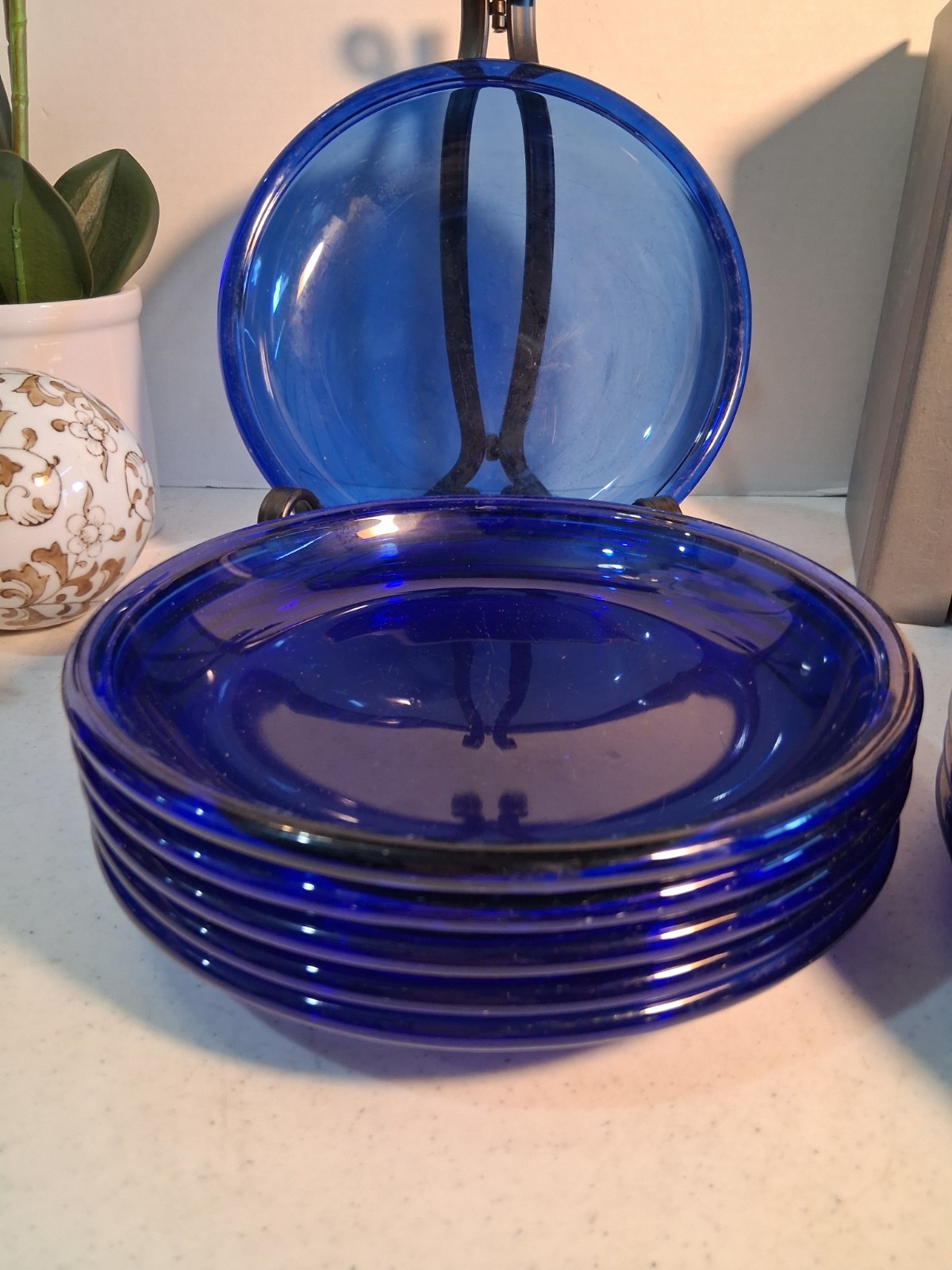 Vintage Arcoroc France Cocoon Cobalt Blue Glass Dinner Plates Set of 6 MCM