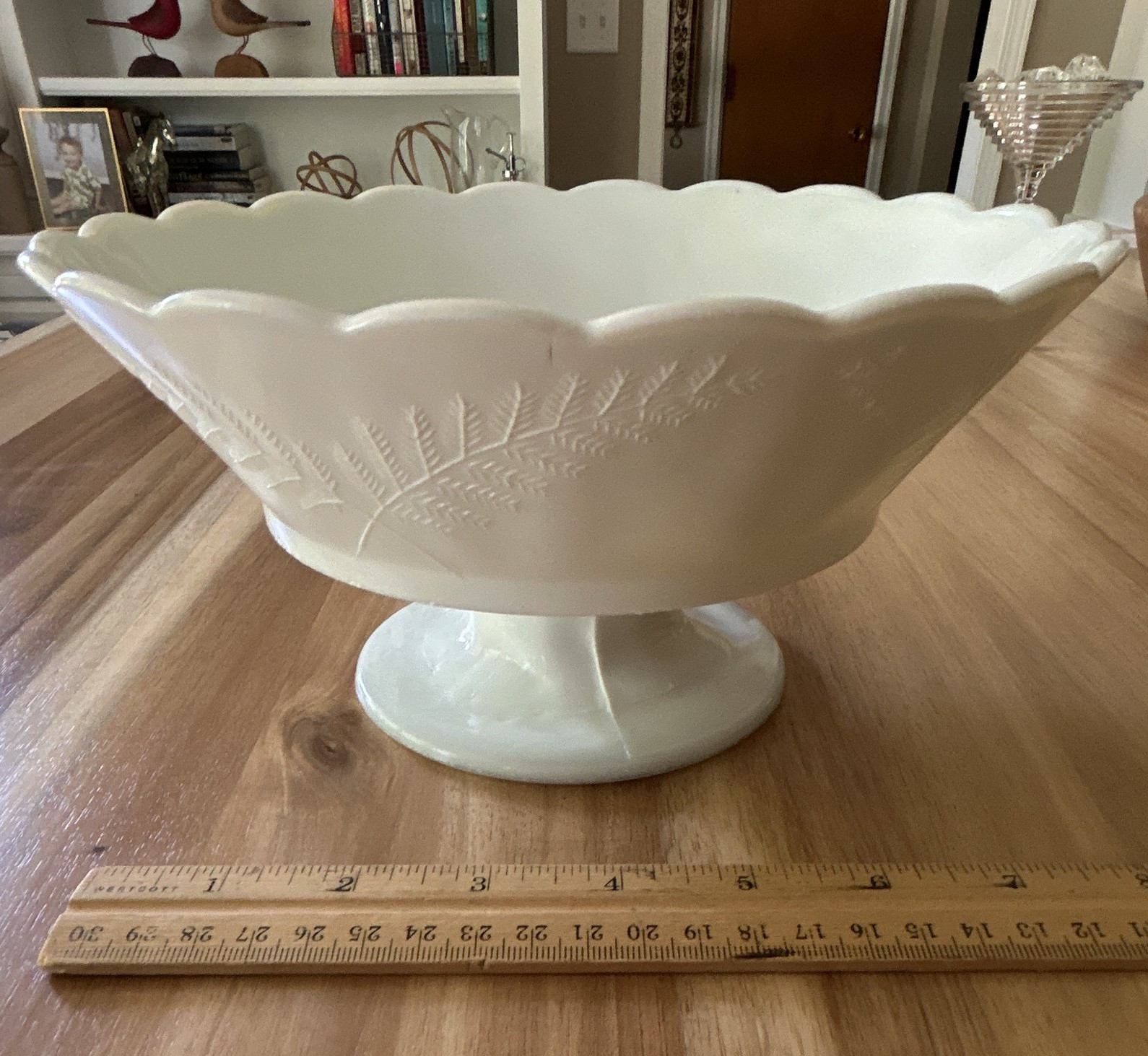 White Milk Glass Fern Scalloped Pedestal Compote Bowl Glossy Decorative