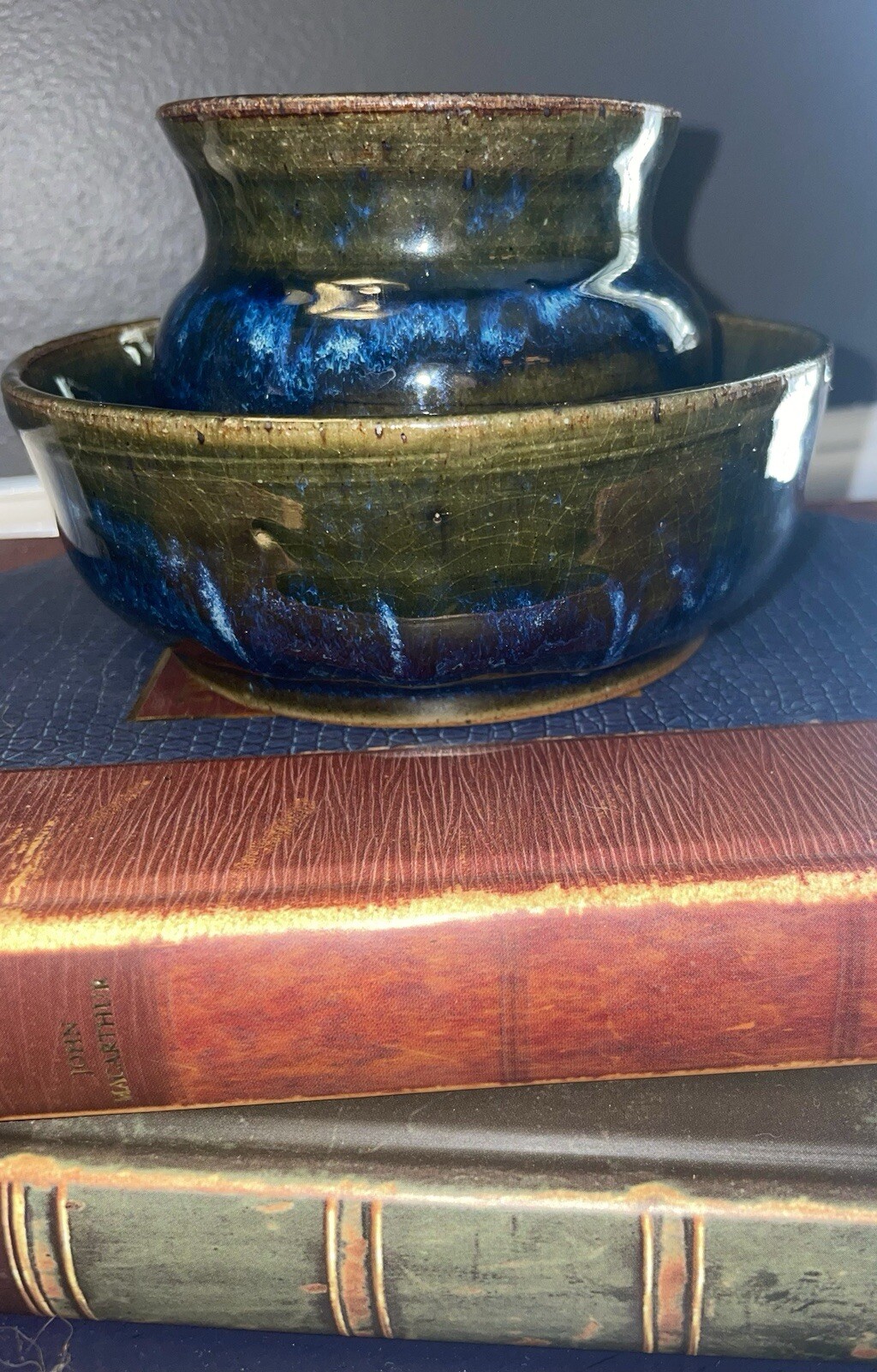 2 Pc Signed Studio Pottery Planter / Saucer Moody Blue Drip Ceramic Hand Thrown