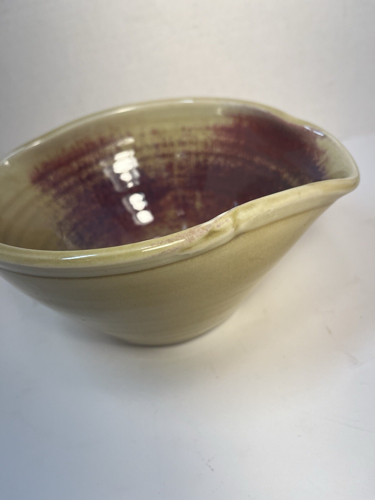 Handmade Asymmetrical Pottery Bowl Glaze Beige Red Signed 7.5 X 3.5 in.