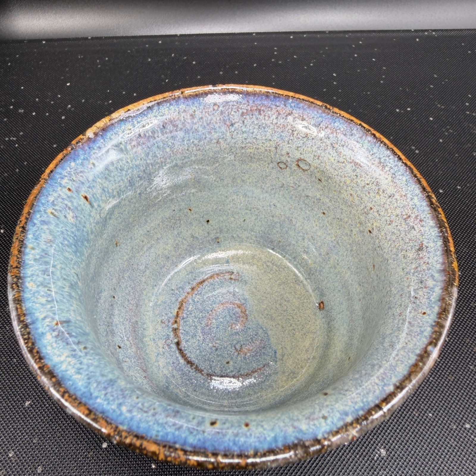 Signed Studio Art Pottery Blue Purple Drip Glaze Stoneware Bowl Handcrafted 4in