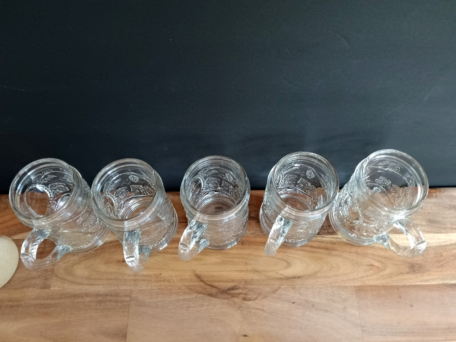 Vintage Grapevine Pressed Glass Beer Mugs Set of 5 Clear Heavy Glass Steins
