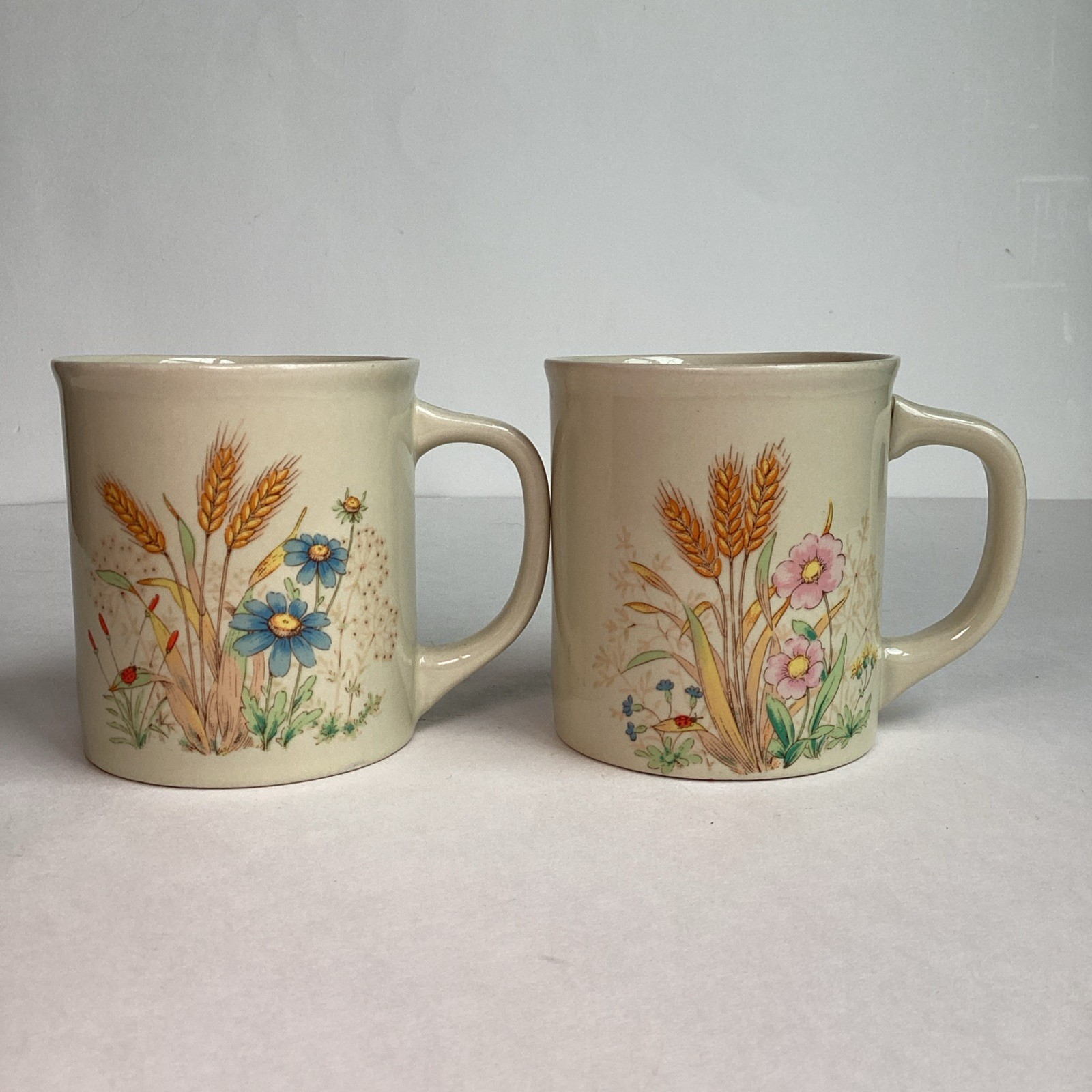 Vintage Japan Stoneware Wildflower Wheat Mugs Set Of 4 Ivory Coffee Cups Floral
