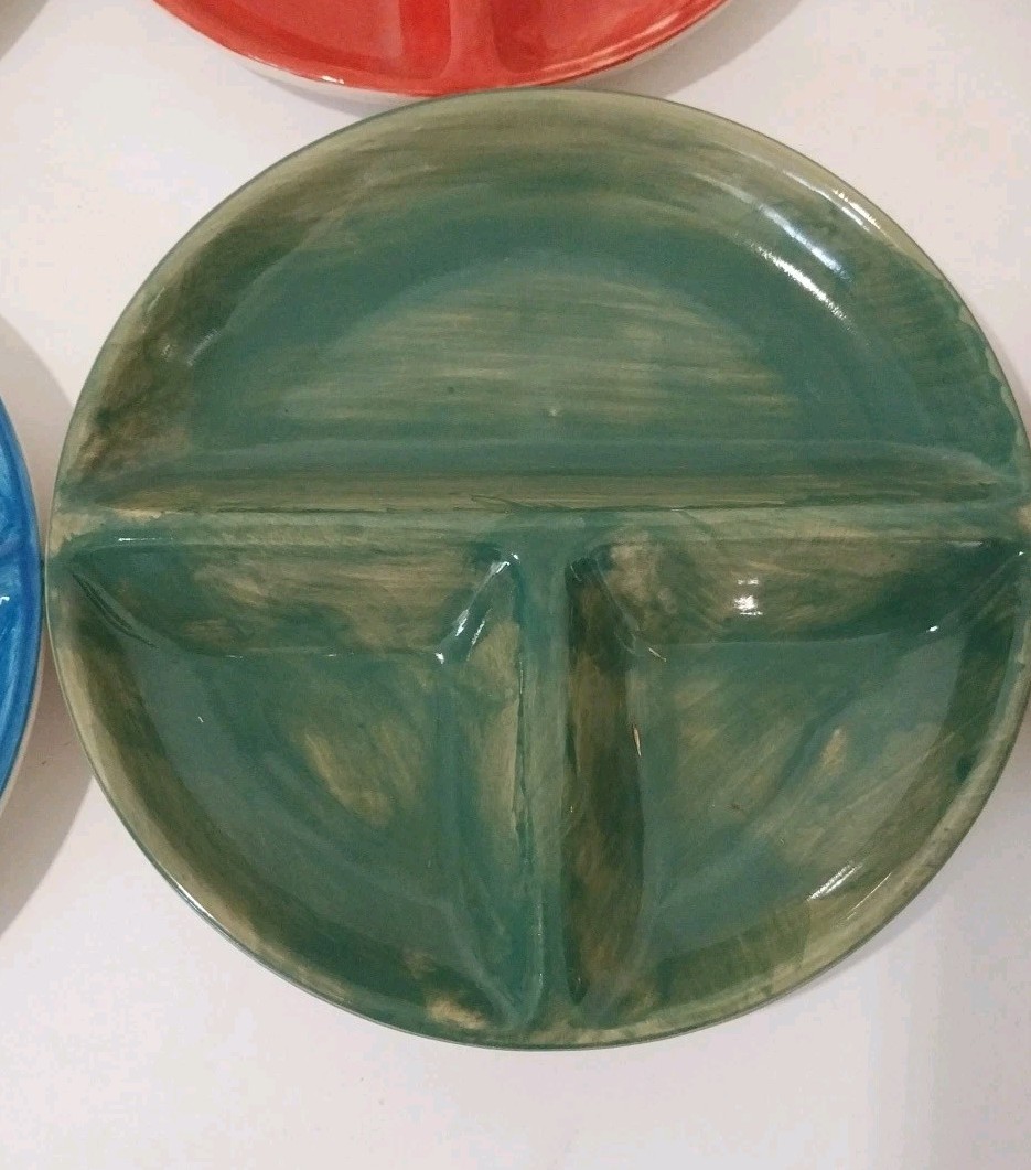 Vintage 6 Plates Ceramic Kitchen Prep Or Childrens 7 5/8″ Divided Pottery Plates