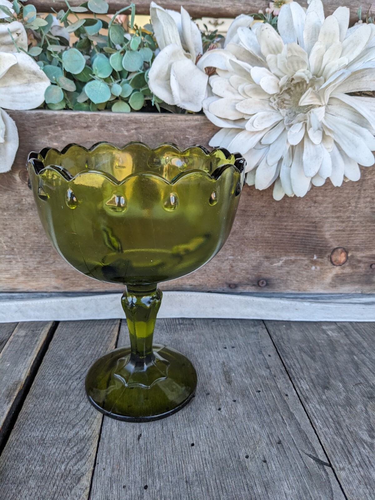 Vintage Indiana Glass Olive Green Teardrop 7.25″ Pedestal Compote