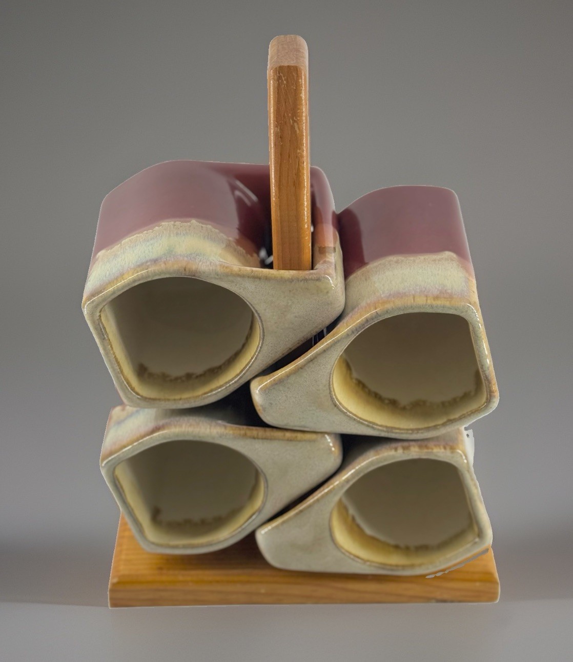 4 Rodolfo Padilla Mugs with Stand Signed Artisan Stoneware Drip Glaze Deep Red