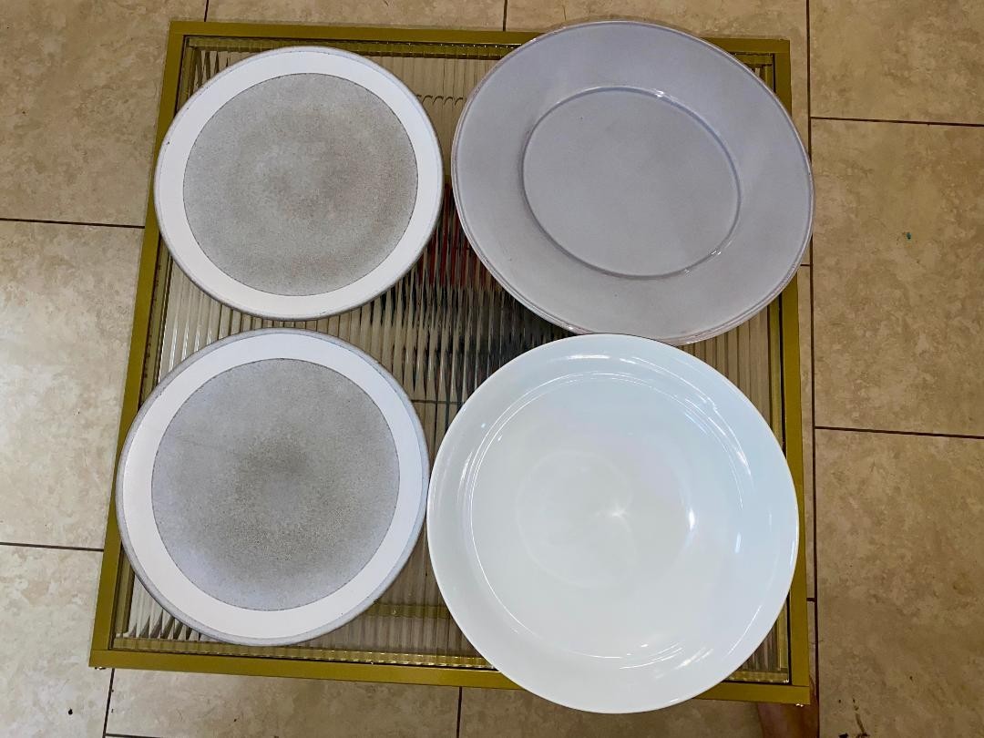 Crate & Barrel dinner plates, white/gray, porcelain 11 3/4 inches in, Set of 2