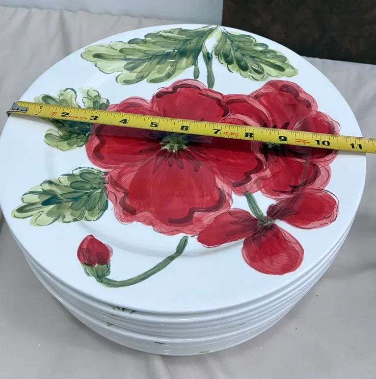 Cream Poppies Red Flower Dinner Plate 11″