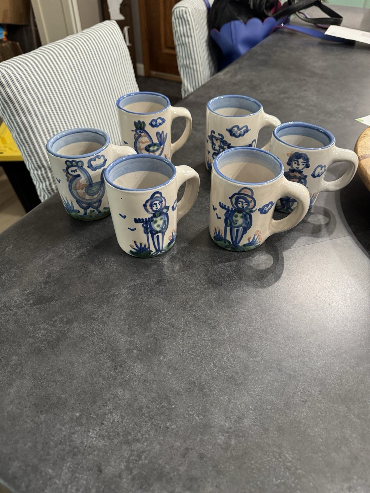Set of 6 M.A. Hadley Pottery Mugs Hand-painted Blue Folk Art