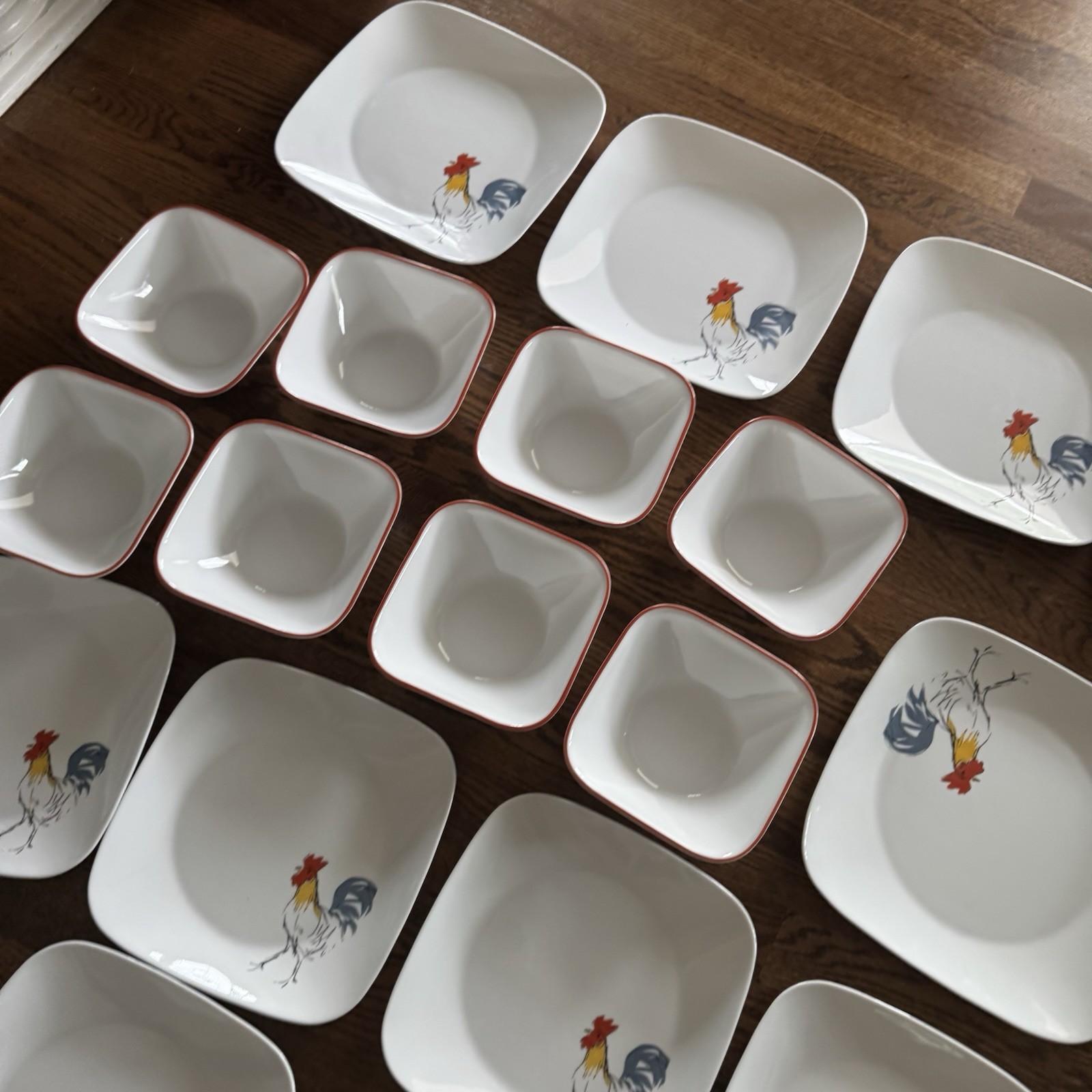 24 PC SET Corelle Square Rooster Country Dawn Dinner Plates And Square Bowls