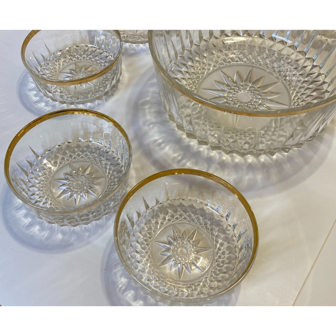Vintage Arcoroc Large Crystal Starburst Serving Bowl + 6 Salad Bowls Gold Rim