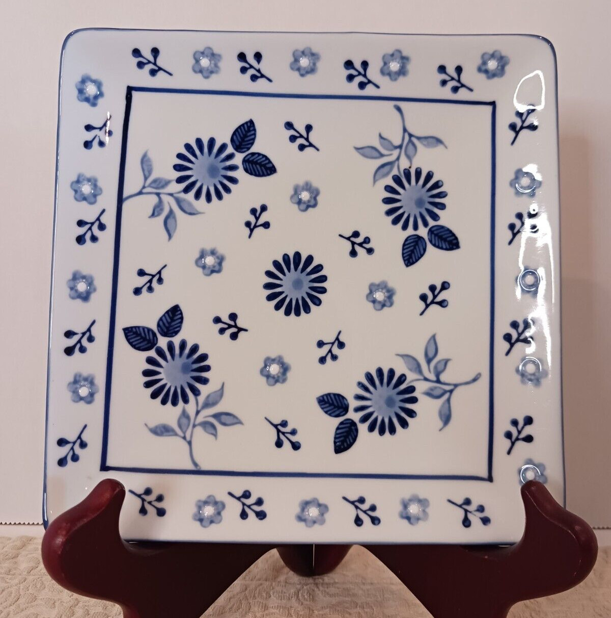 Vintage Yokohama Studio Blue & White Hand Painted Sq Plates Set of 3