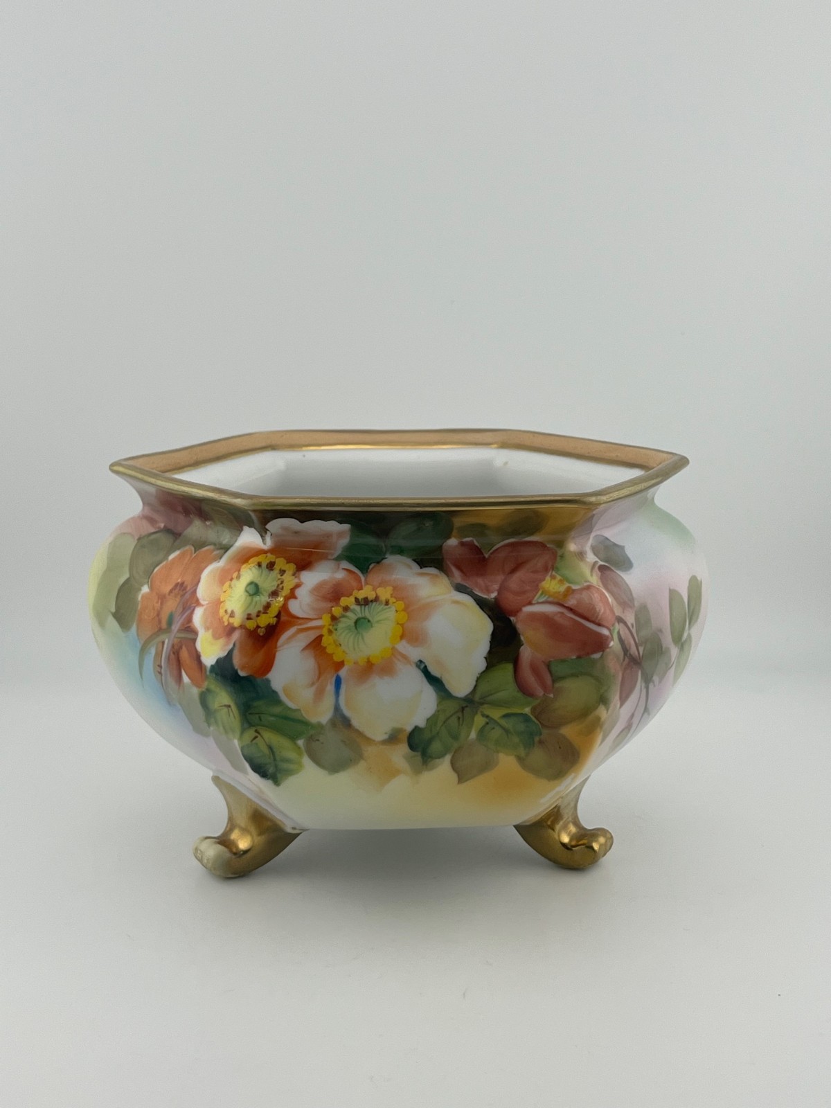 Antique Nippon Hand Painted Footed Bowl Floral Gold Trim Hexagon Pre-1921