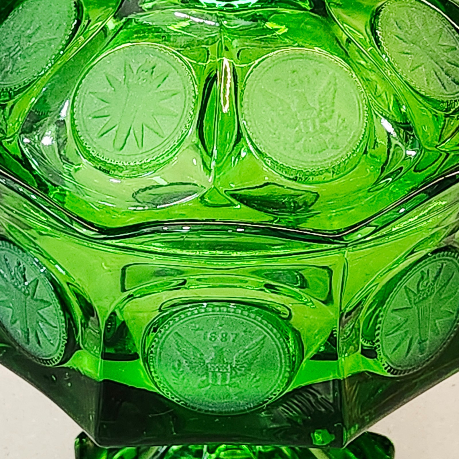 Vintage Fostoria Emerald Green Coin Glass 8.5” Tall Pedestal Covered Candy Dish