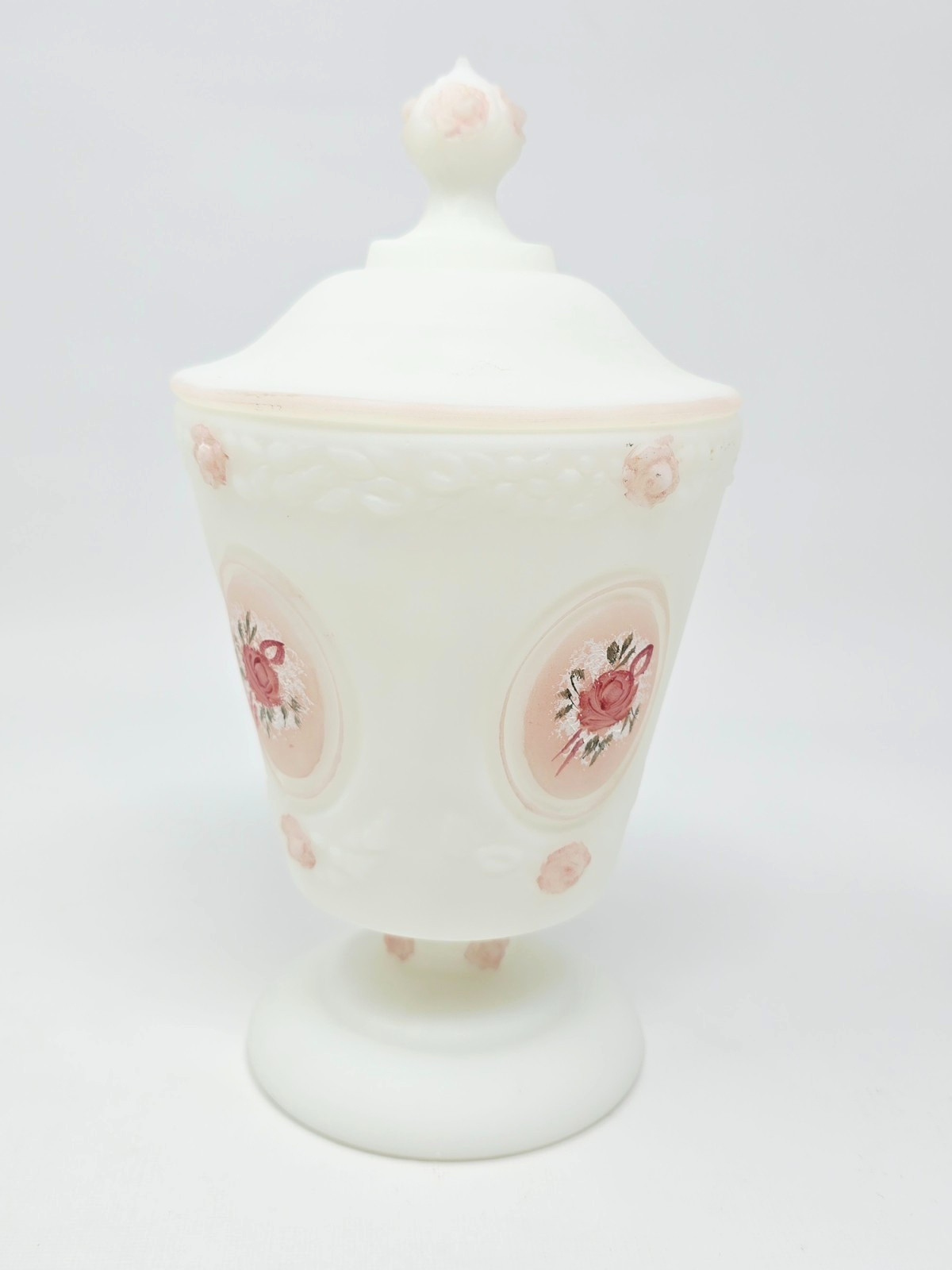 FENTON White Satin Pink Roses Painted Lidded Candy Dish 8.25″ Vintage