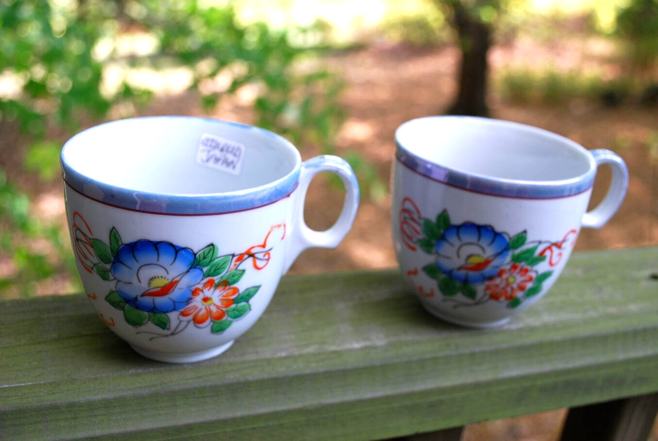 Vintage Set Of 2 OCCUPIED JAPAN Coffee/ Tea Cups BLUE LUSTERWARE RIMS w Flowers