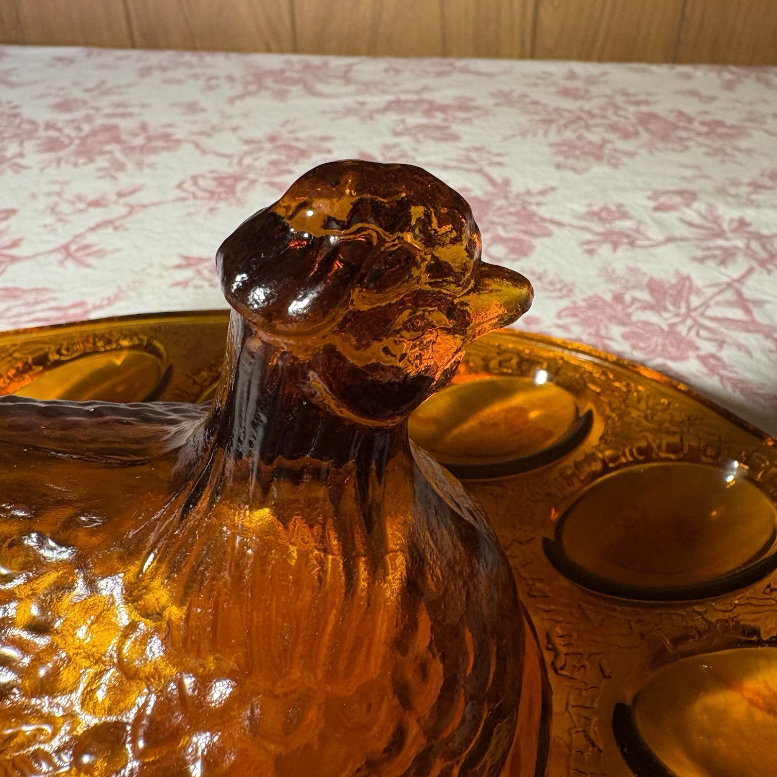 Vintage LE Smith Amber Glass Hen On Nest Chicken Deviled Egg Plate Rare HTF