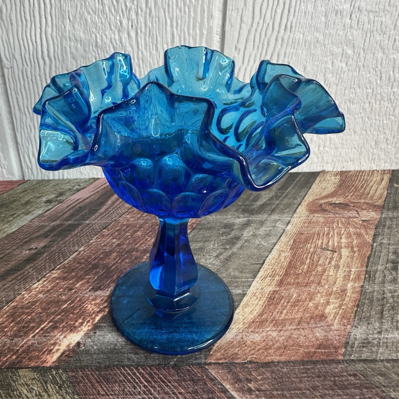 Vintage MCM Fenton Blue Cobalt Glass Thumbprint Pedestal Compote Candy Dish