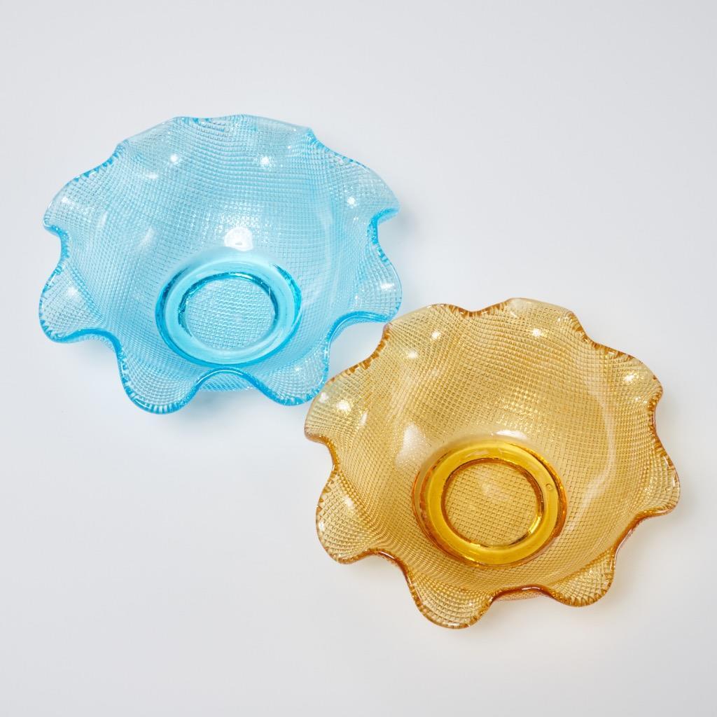 Colony Glass Cobalt Light Blue Yellow Amber Multicolor Ruffled Waffle Bowls MCM