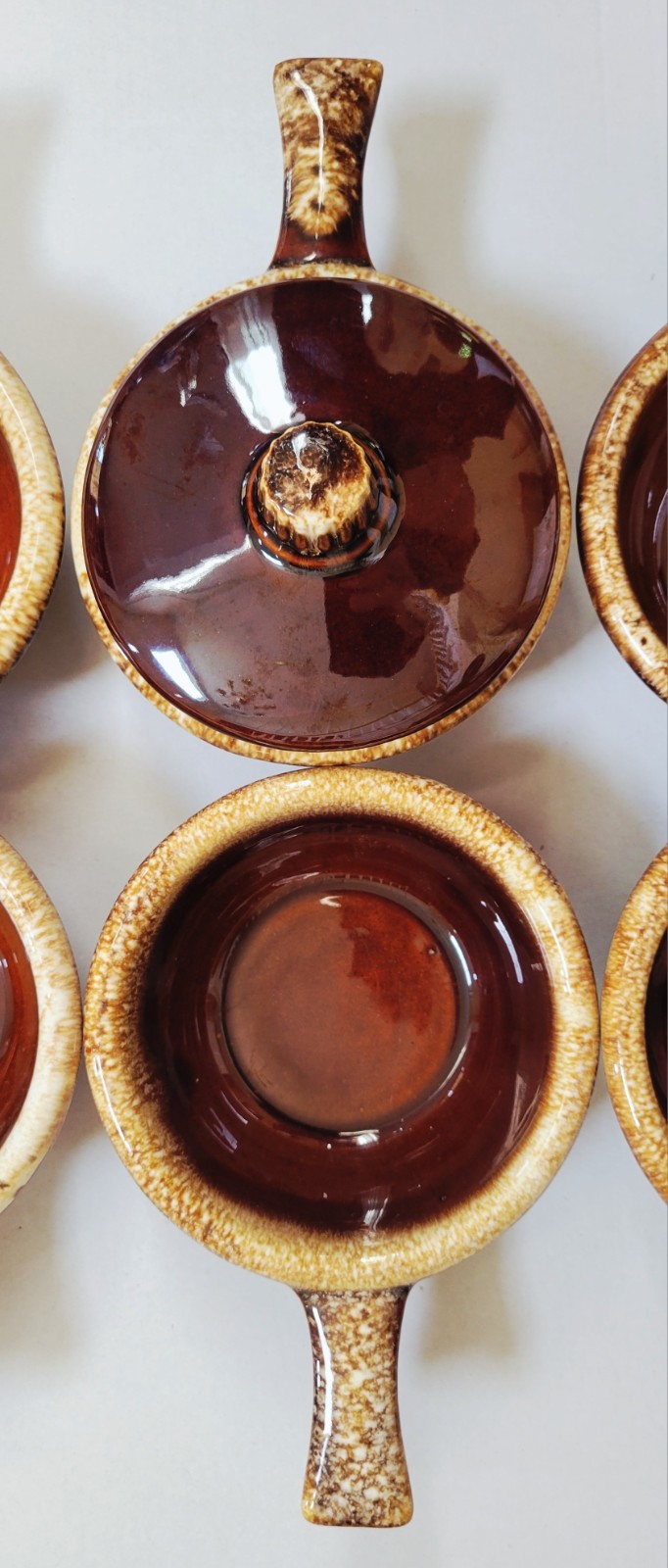 Set of 6 Vtg HULL POTTERY Soup Bowls w/Handle Oven Proof Drip Glazed