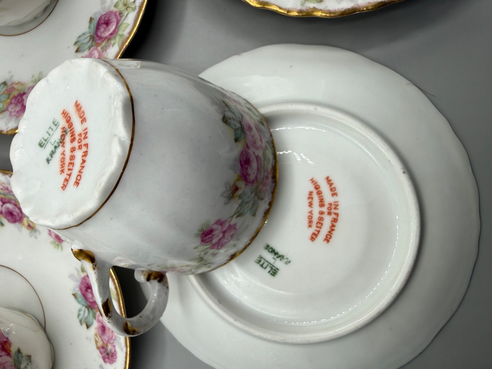 ANTIQUE LIMOGES DEMITASSE SET CUP SAUCER 16PC PINK ROSE FLOWER GARLAND FRANCE