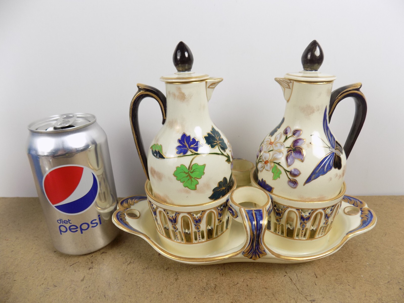 Antique Keller & Guerin Luneville Cruet Set Butterfly & Flower France
