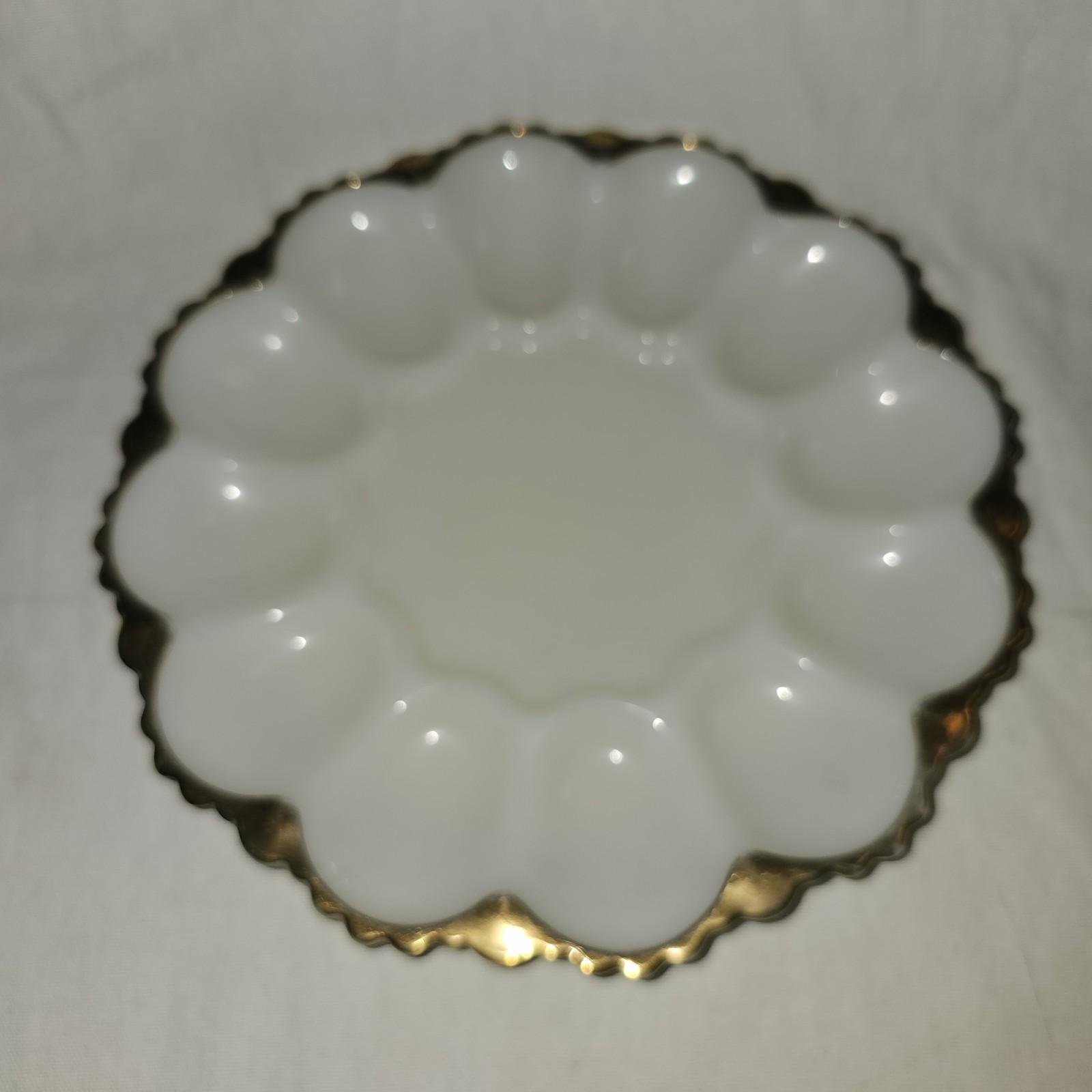 Vintage Anchor Hocking Milk Glass Deviled Egg Plate w/Gold Trim/Edging Flawed