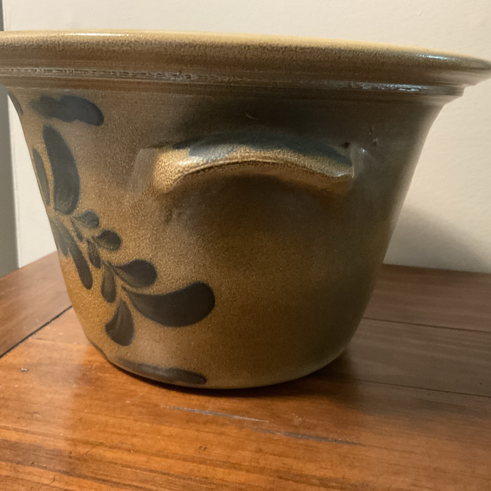 Maple City Pottery Crock Bowl Cobalt Hand Painted Design 7 X11 1/2