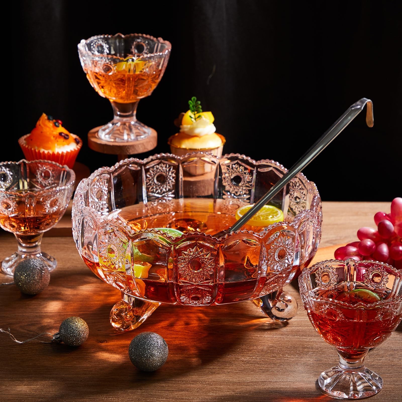 Vintage Crystal Glass Punch Bowl Set with Ladle & 4 Cups – Party Serveware Decor