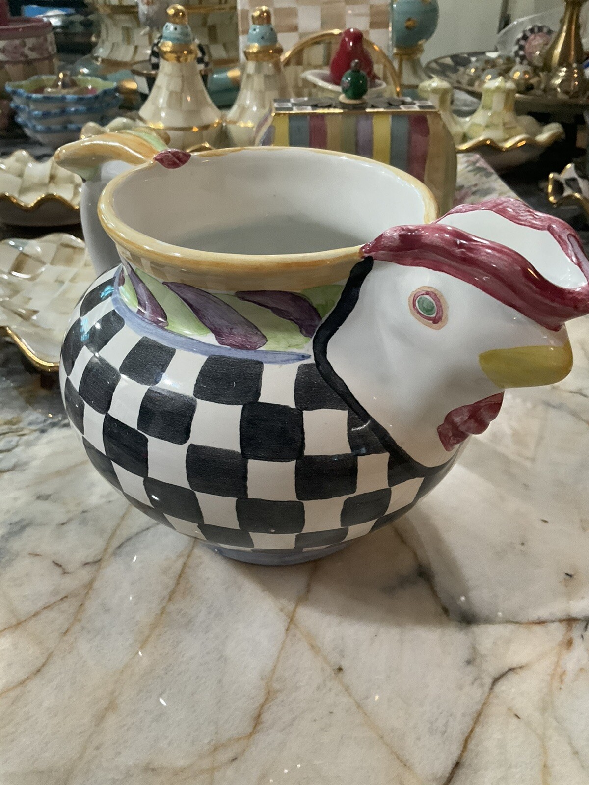 MacKenzie-Childs Piccadilly Chicken Ceramic Pitcher With Courtly Check