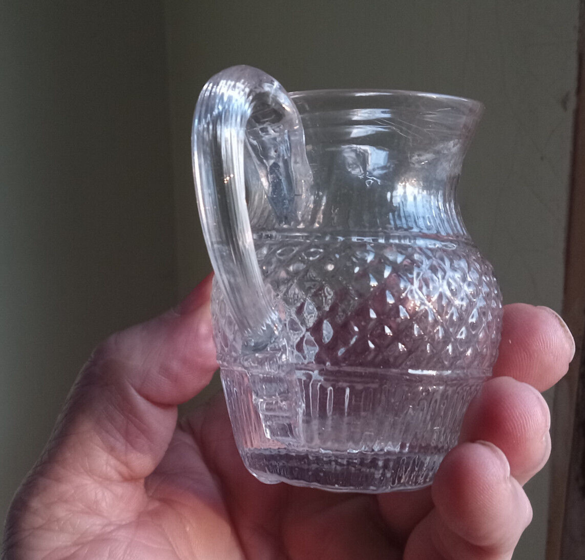 1830s EARLY 3 MOLD BLOWN TOY CREAMER DIAMOND HOBNAIL BOSTON & SANDWICH GLASS CO