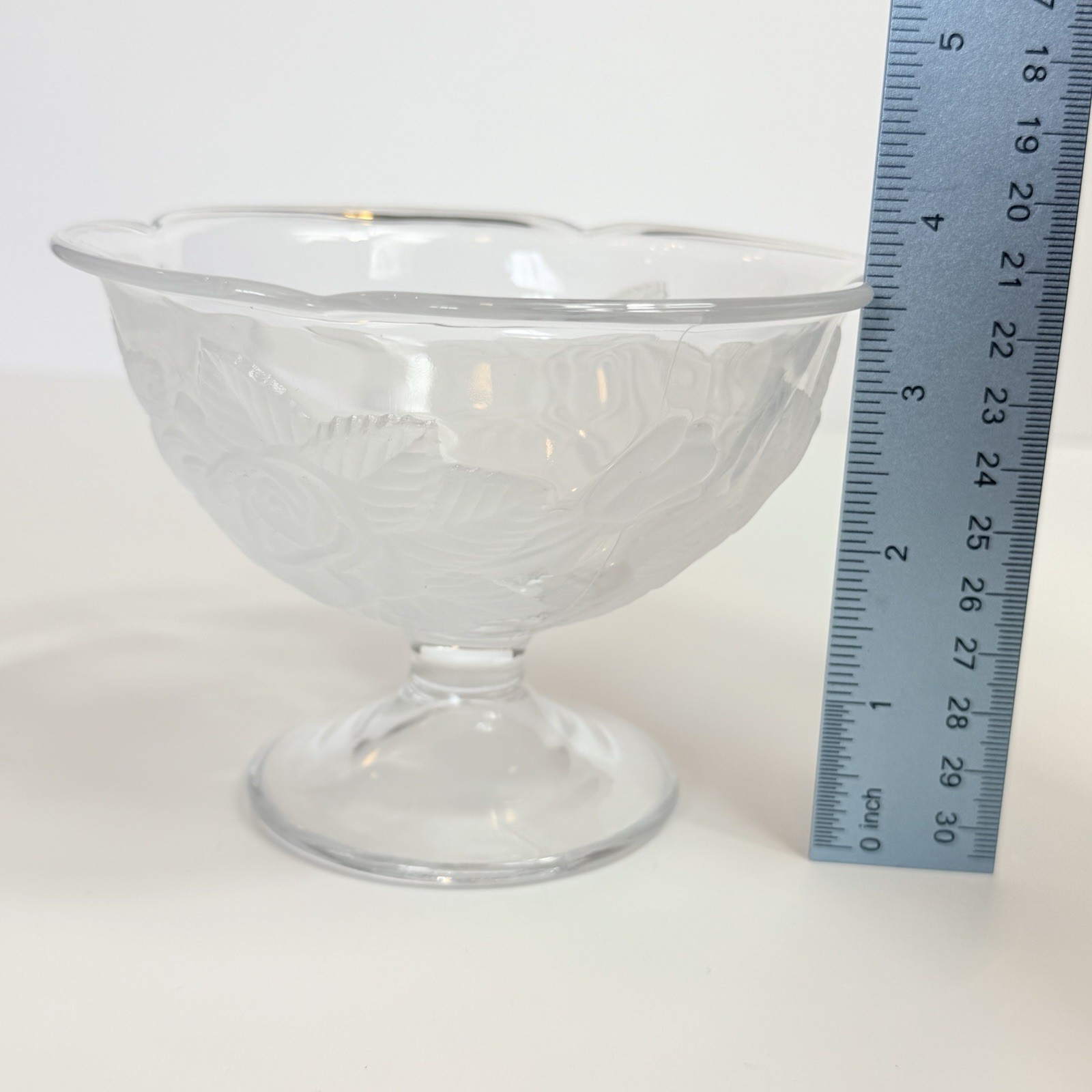 Vintage Clear Frosted Glass Rose Footed Pedestal Bowl Coquette Cottagecore