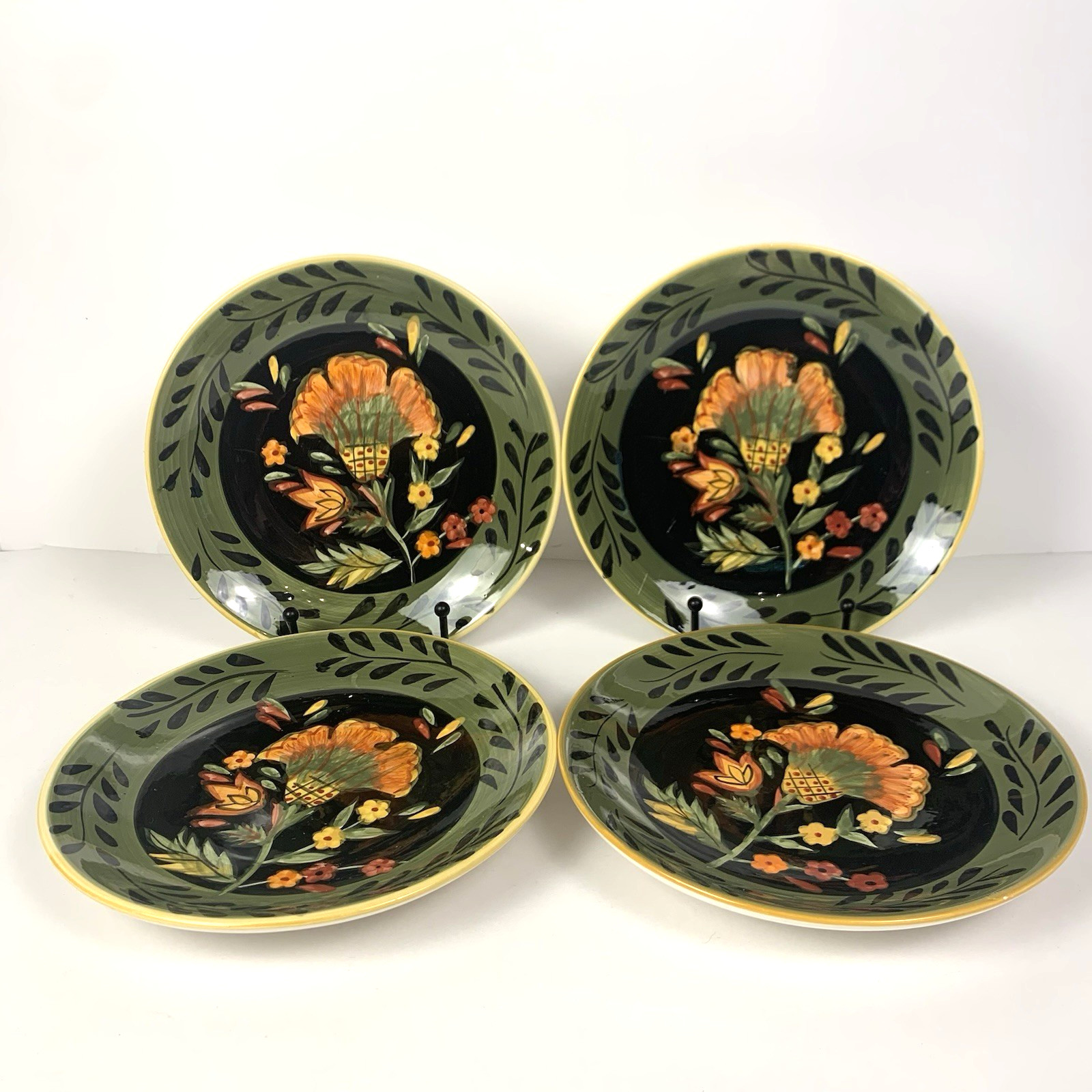 222 Fifth Arabian Flower 8″ Salad Plate Handpainted Green Black Orange Set of 4