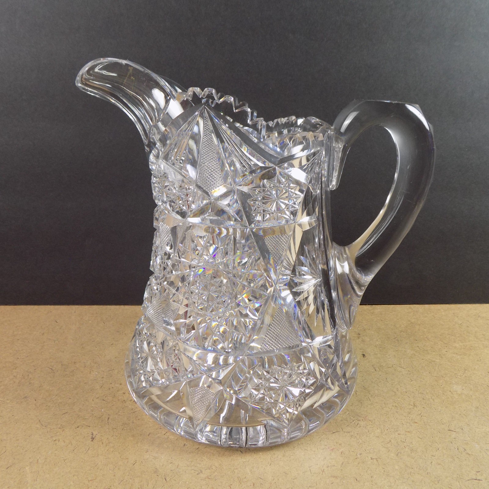 Antique American Brilliant Cut Glass Pitcher Hobstars VGC 8.25″ Tall Beauty!