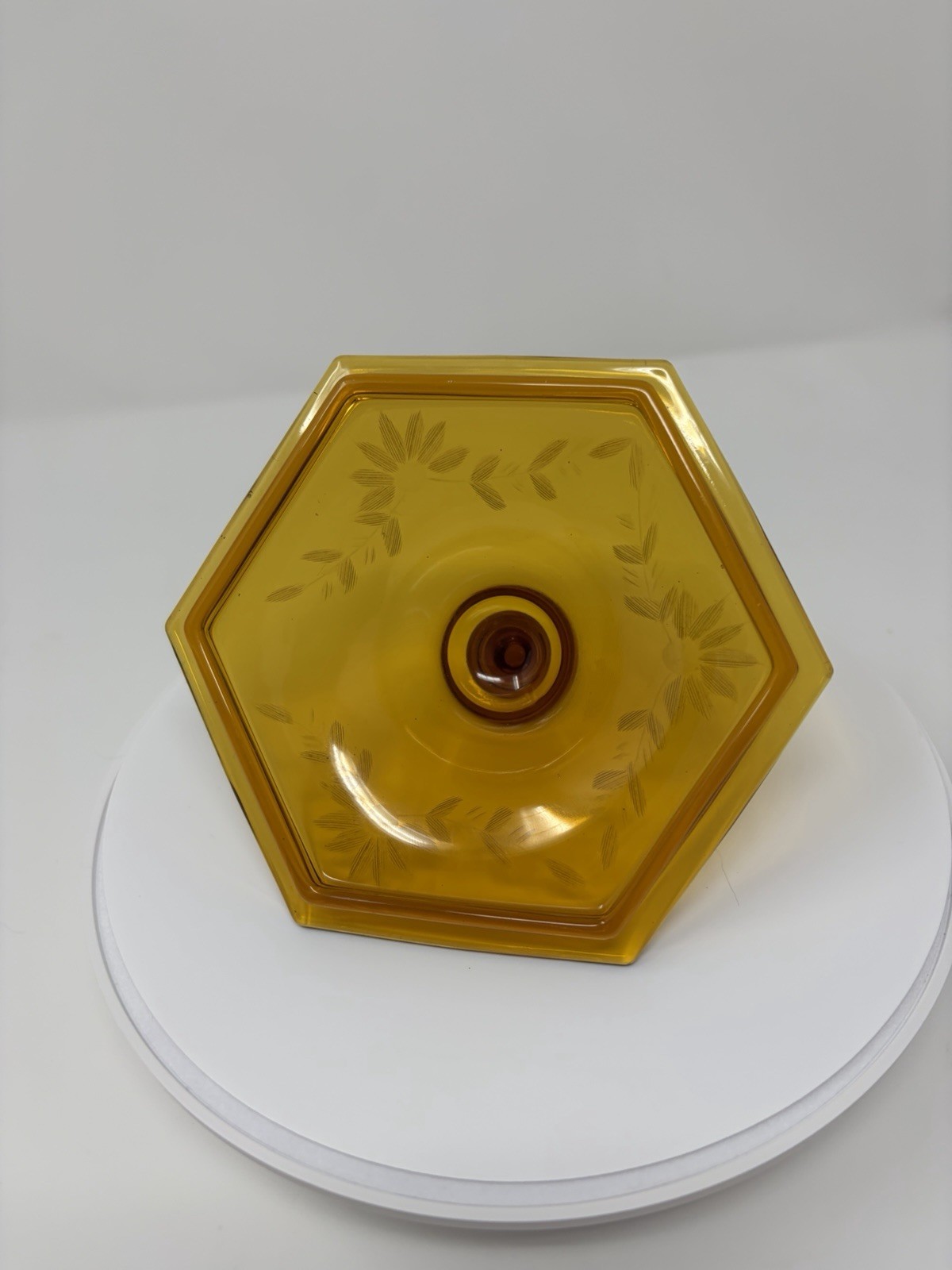 Vintage Amber Hexagon Covered Candy Dish Pedestal Compote Etched Glass MCM