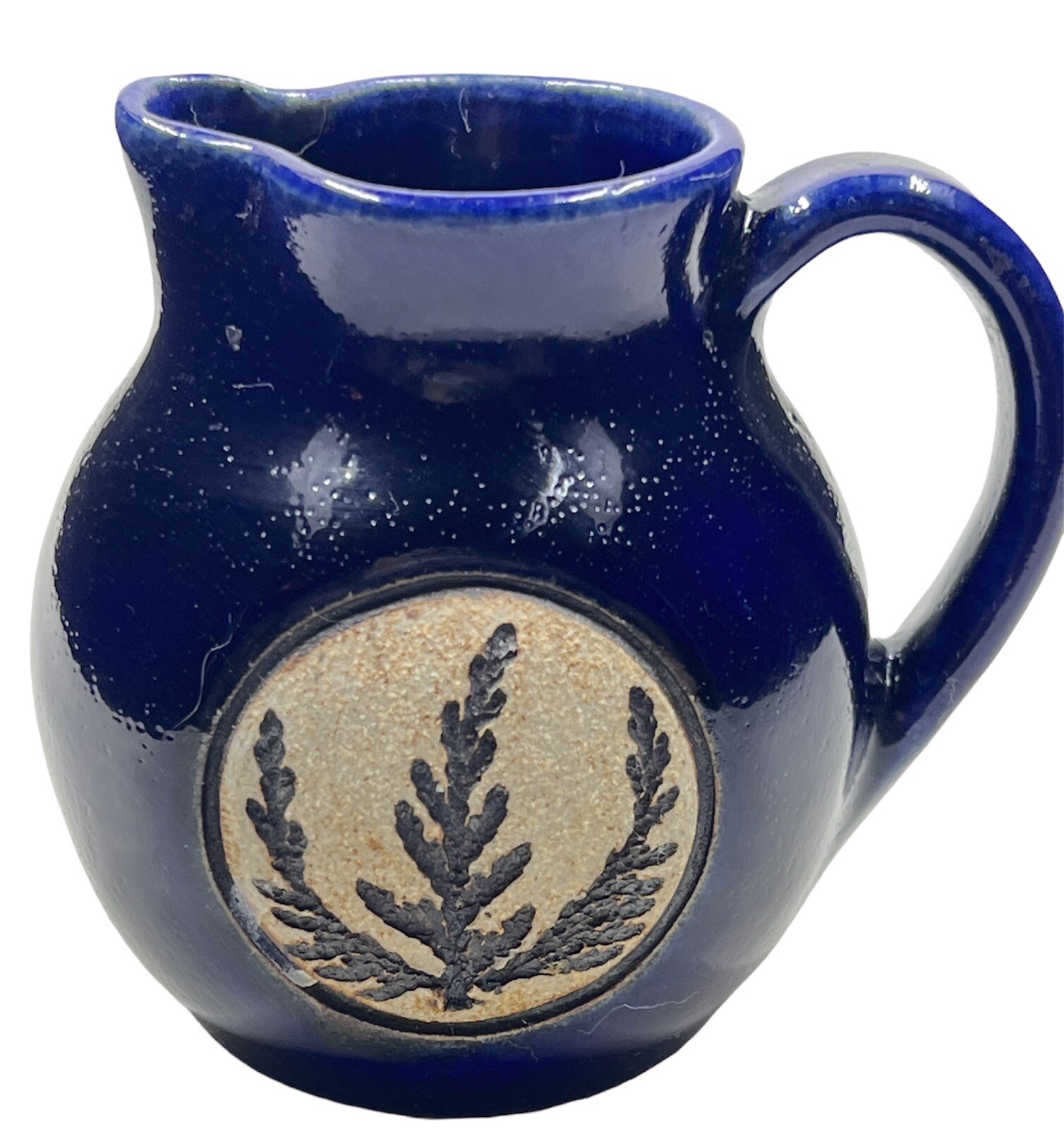 Vintage Art Pottery Creamer Deep Blue Glaze & Etched Ferns Stoneware 3.5” Signed