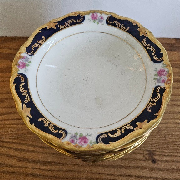 Reichenbach china kobalt gold painted flowers Set 12 Berry Bowls Echt Kobalt