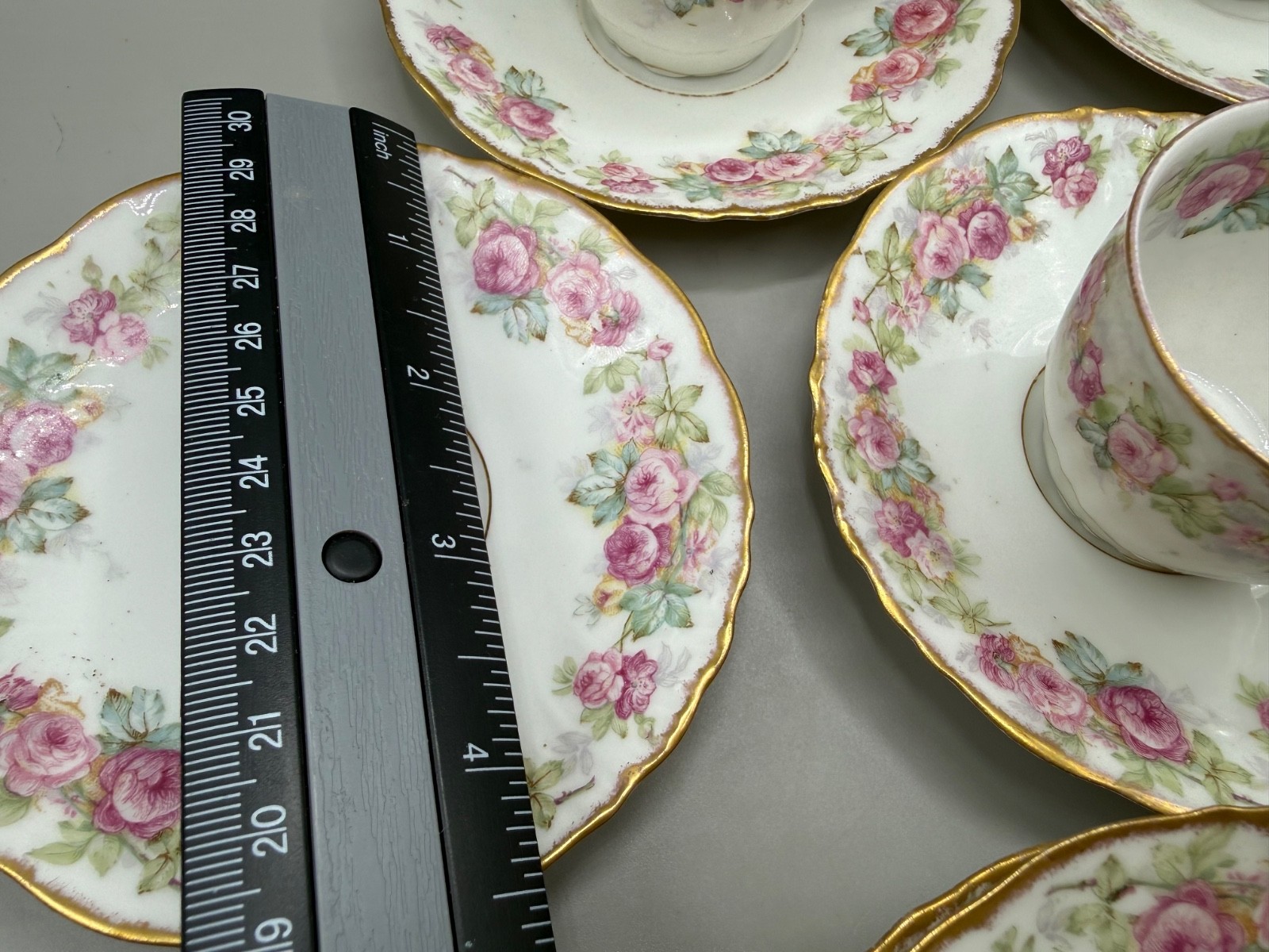 ANTIQUE LIMOGES DEMITASSE SET CUP SAUCER 16PC PINK ROSE FLOWER GARLAND FRANCE