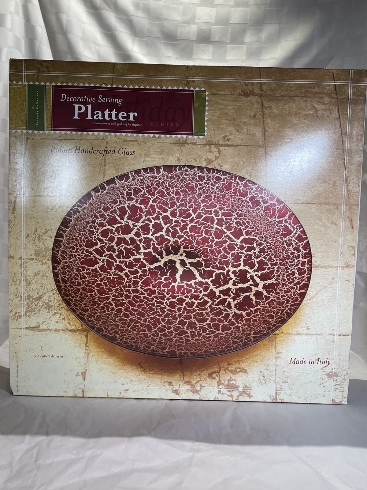 15″ Red Glass Serving Plate Red with Gold Foil Round Fantasia Collection ITALY