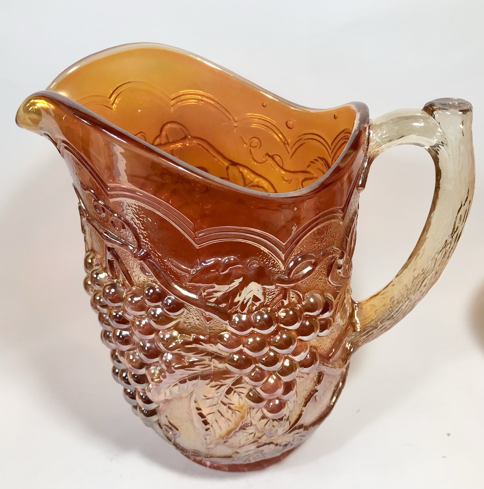 Imperial Carnival Glass Grape Pitcher And 4 Tumblers Set Marigold Orange Vintage