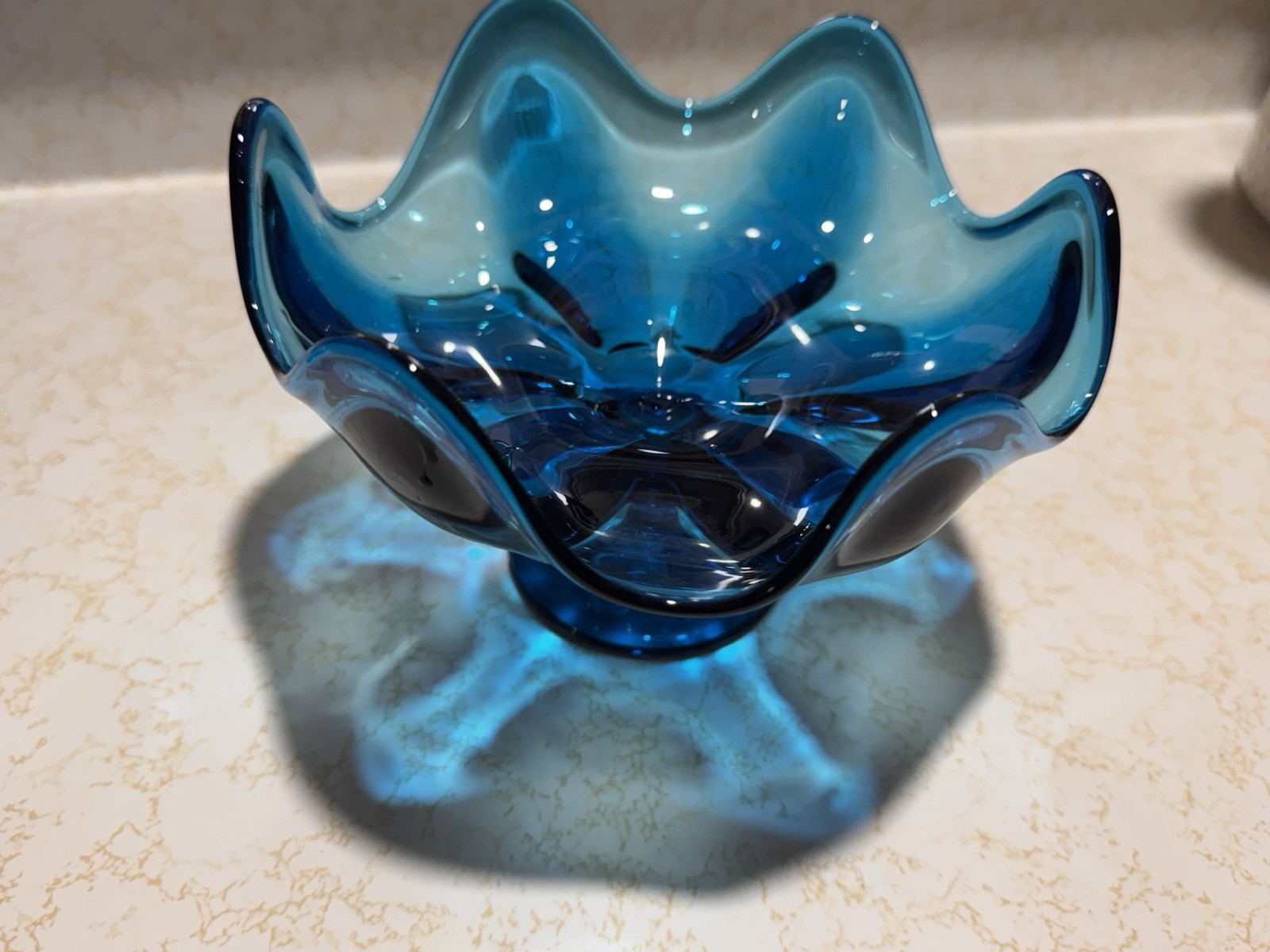 Vtg Viking Glass Bluenique Epic 6 Petal Compote Pedestal Bowl MCM