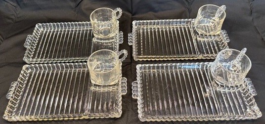 Vintage Orchard Crystal Hazel Atlas Glass Snack Plates Cups Party Set of 4