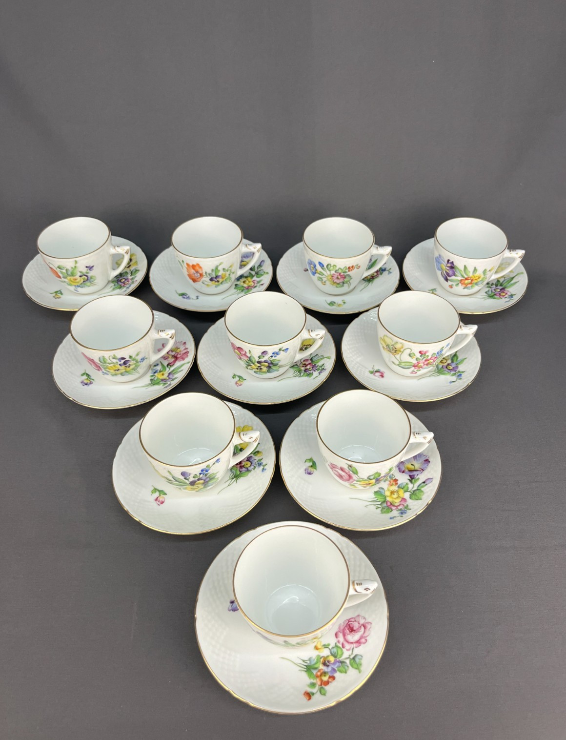 10 B&G Bing Grondahl SAXON FLOWER 2 1/2″ Flat Cup & Saucer Sets c. 1940’s : MINT