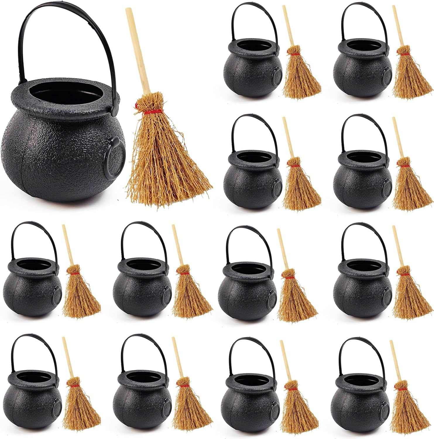 24Pcs/Set Mini Plastic Cauldron with Mini Witch Brooms, Witch Calderon Pot Black