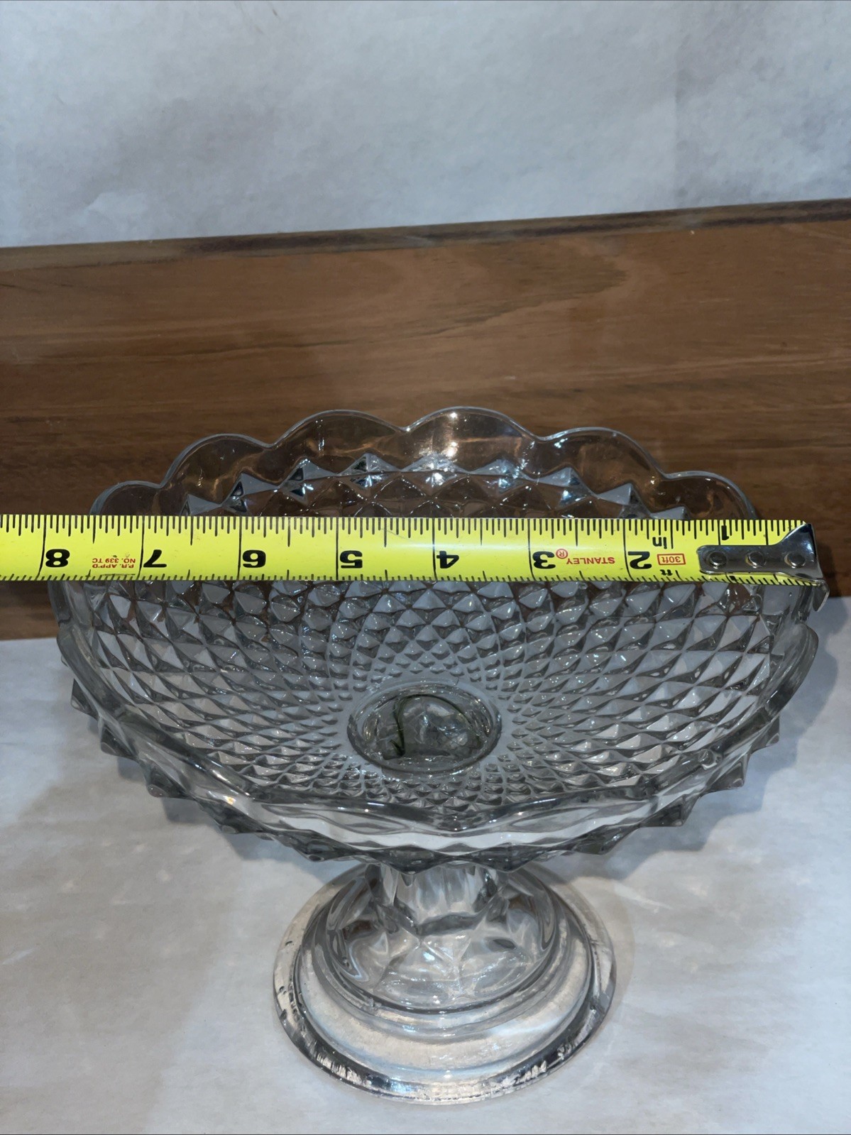 Pressed Glass Pedestal Candy Dish or Compote Scalloped Edge Bowl 6.5”H X 9”W