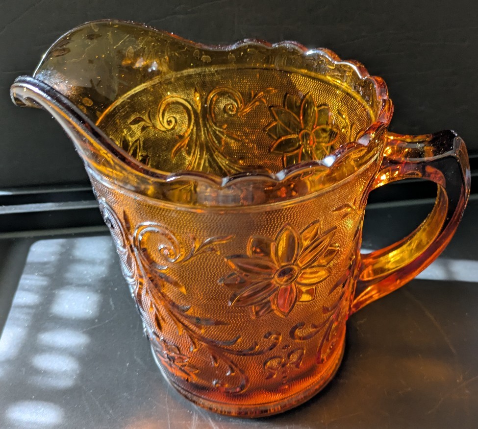 Vintage Tiara Indiana Amber Sandwich Glass Pitcher with Scalloped Edges 68 oz.
