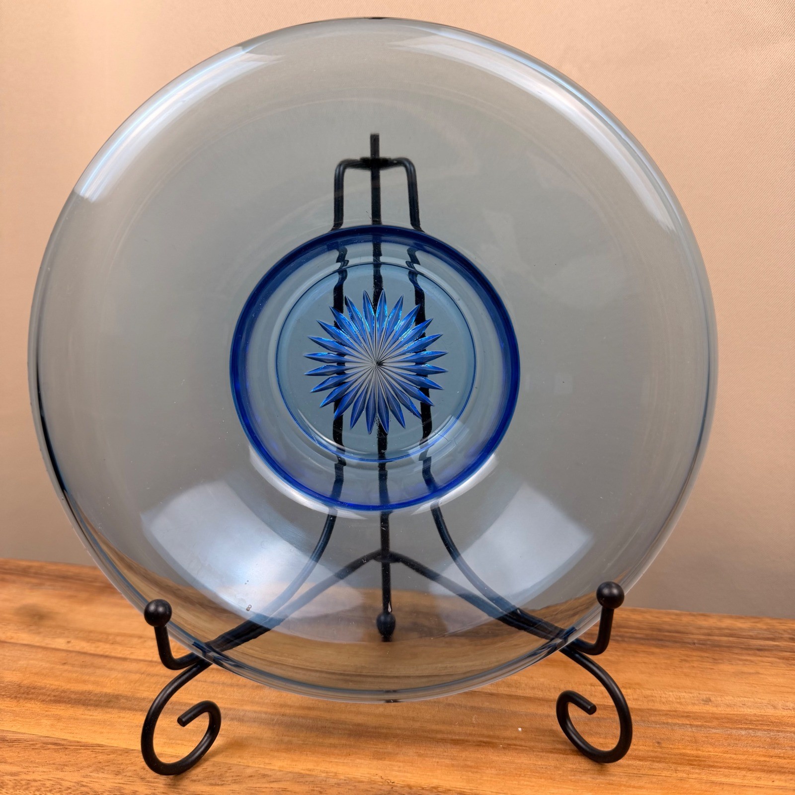 Vintage Blue Depression Glass Console Bowl Starburst Base UV Glow Manganese 9in