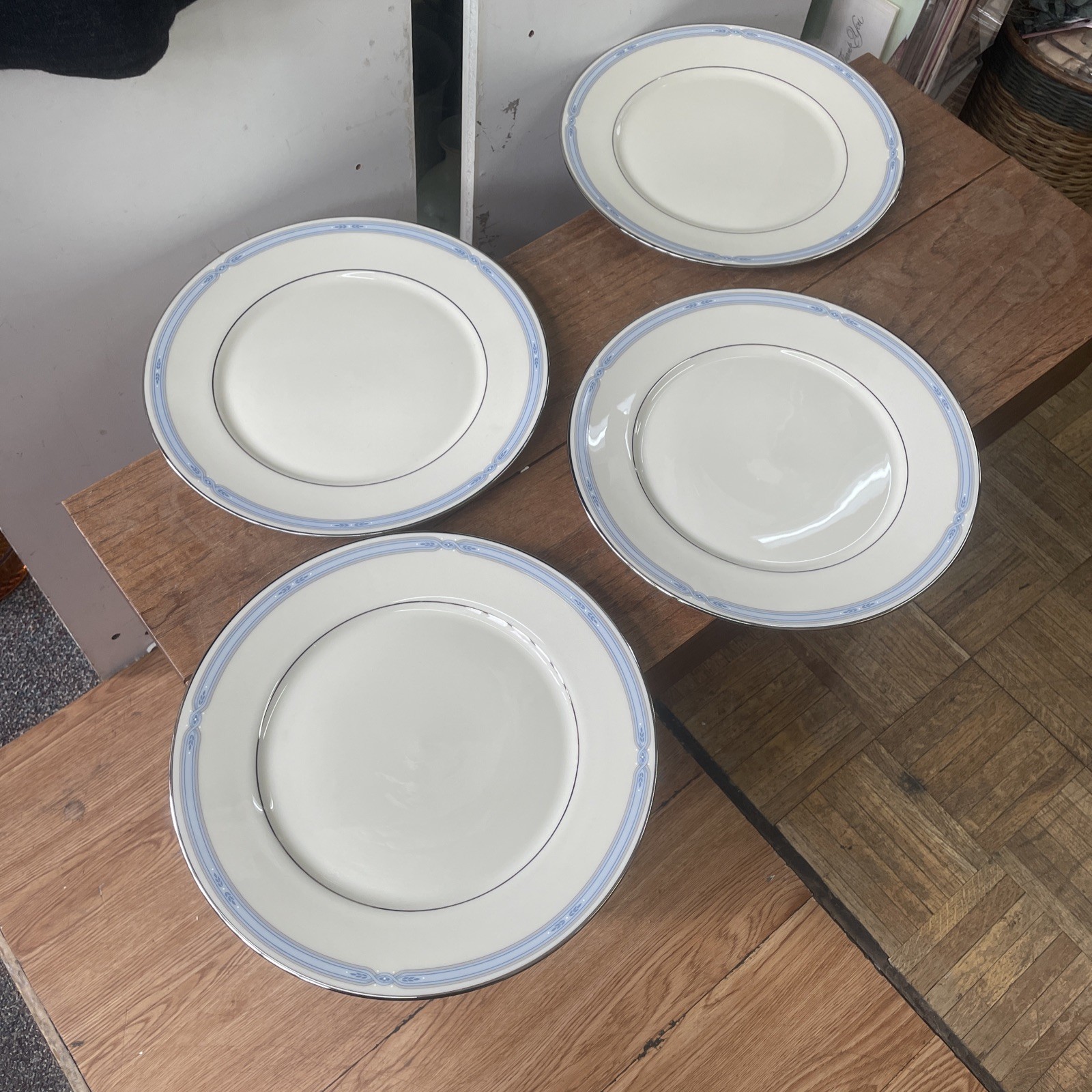 LENOX Courtland Dinner Plate Set Of Four Blue Gray Band Platinum Trim 10.75″ USA