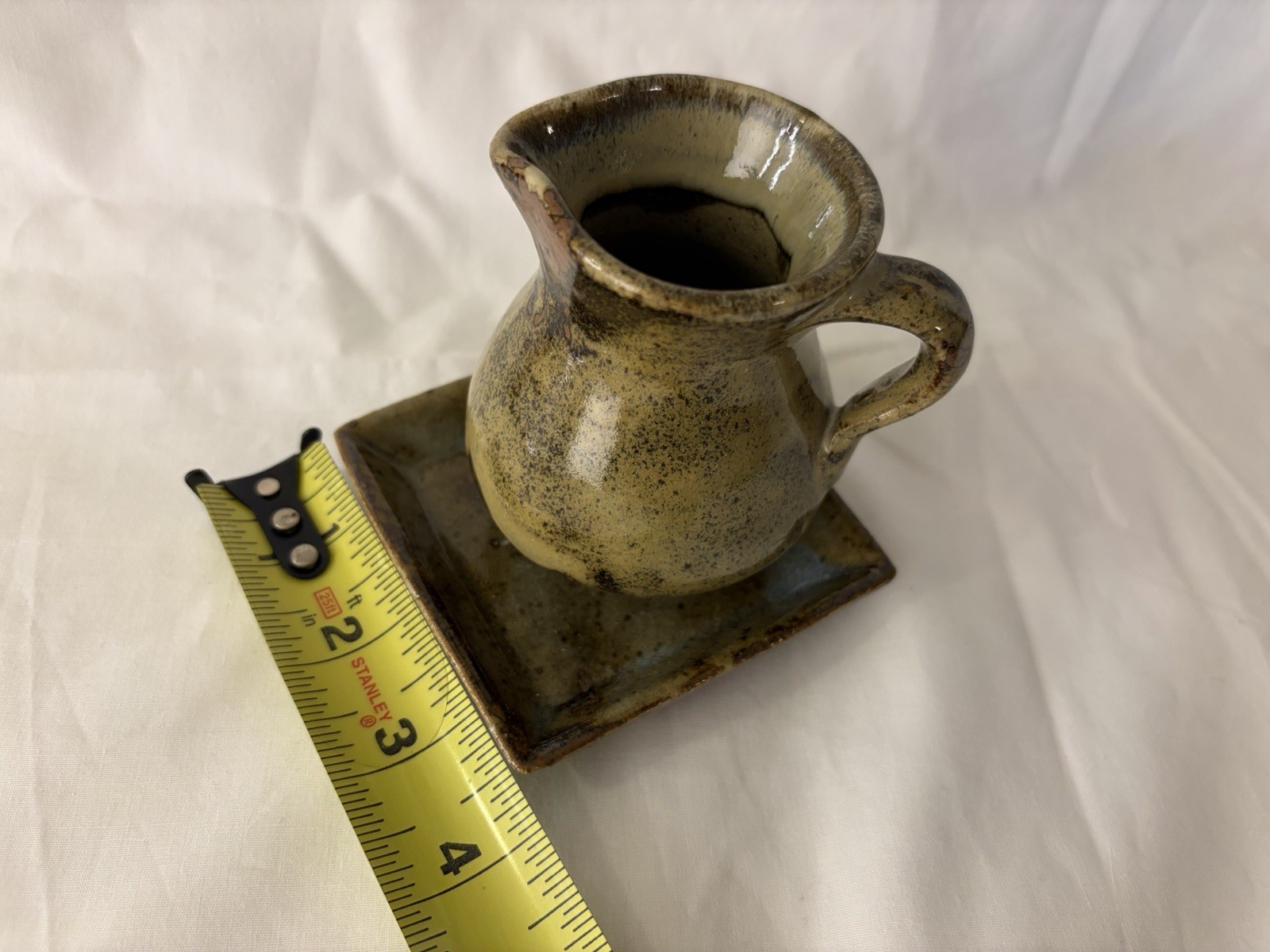 Small Vintage Pottery Creamer Pitcher & Saucer Green & Brown Set
