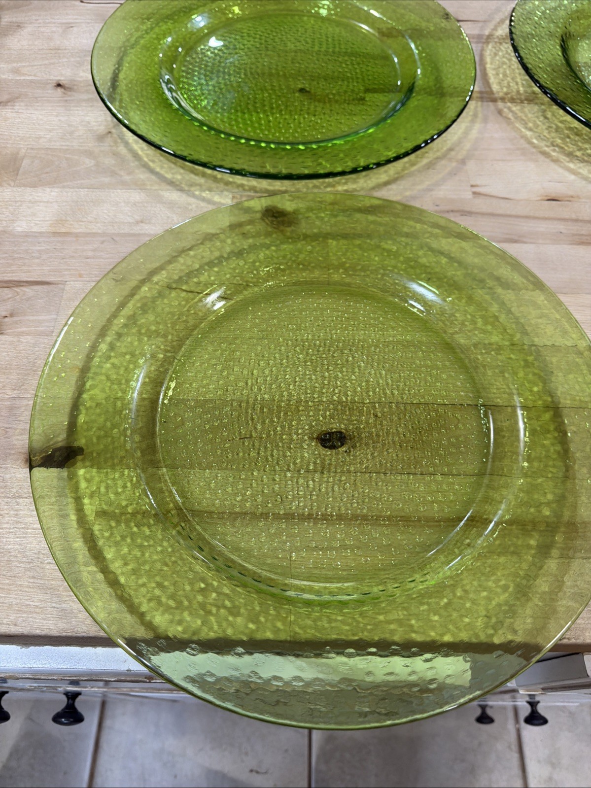 Large 12 3/4” Heavy Green Glass Platters Textured (Set Of 4)